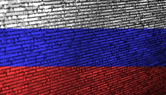 Russian flag superimposed over computer code
